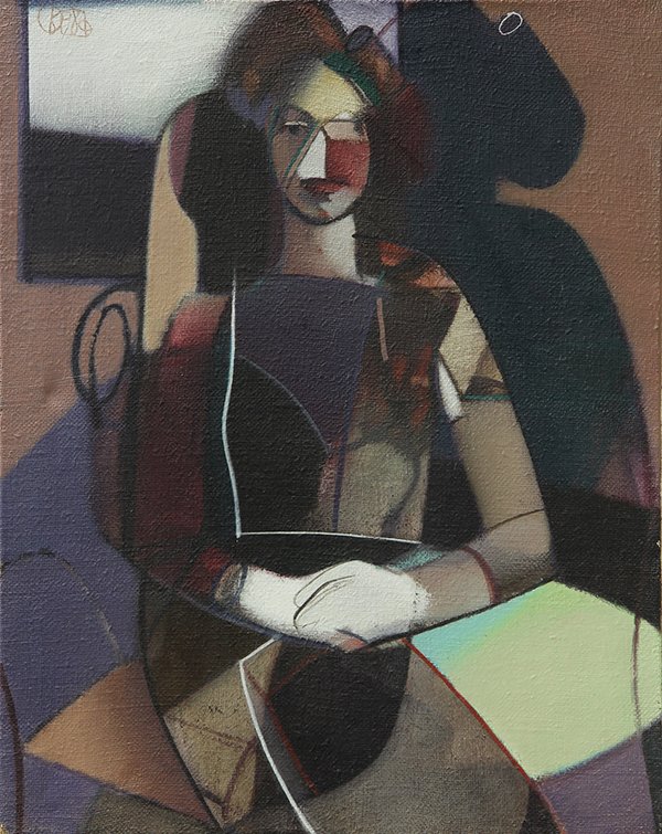 Painting by Ival Kustura: Ival Kustura (American, b. 1951), Modernist Woman, oil on burlap, signed upper right, canvas: 30"h x 24"w