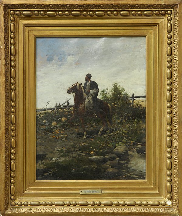 Painting, Orientalist Scene with Figure on Horseback: Continental School (19th century), Orientalist Scene with Figure on Horseback, oil on canvas, signed "M.G. Windowsky" lower left, canvas: 18"h x 13.5"w, overall (with frame): 25.25''h x 21.25''w