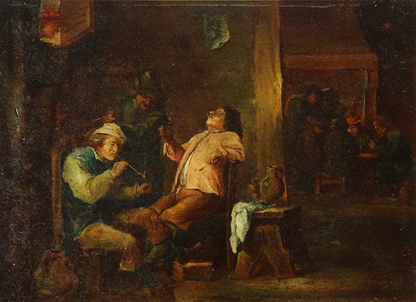 Continental School, Tavern Scene: Continental School (19th century), Tavern Scene, oil on board, signed in pencil "Burgess" verso, overall (unframed): 13.5"h x 18"w
