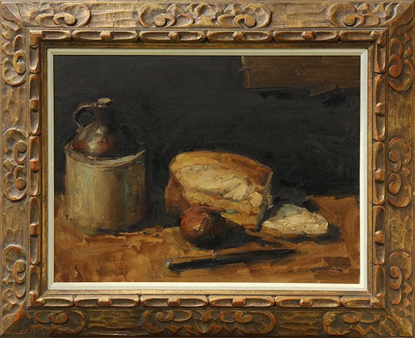 Painting, W. Clarence McGrath: W. Clarence McGrath (American, 1938-2007), Still Life with Bread Jug, Onion and Knife, oil on board, signed lower right, overall (with frame): 26.5 x 32.25"w