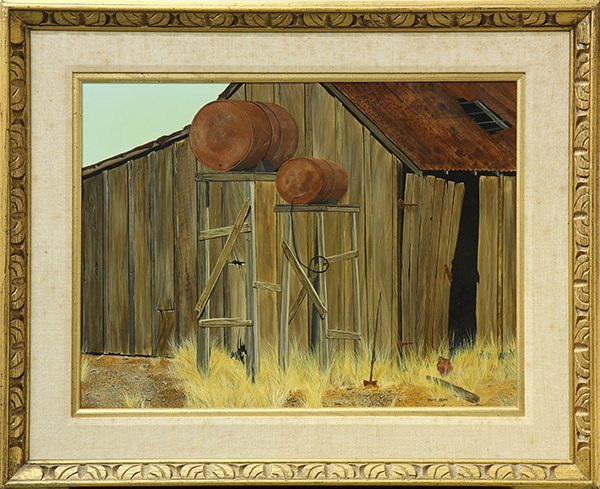 Painting, Barrels by the Old Barn: Barrels by the Old Barn, oil on board, signed "Bruce Glen" lower right, 20th century, overall (with frame): 26.25"h x 32.5"w