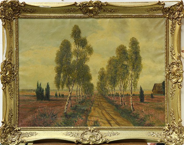 Painting, Ernst Lorenz-Murowara: Ernst Lorenz-Murowara (German, 1872-1939), Poplar Trees by a Country Road Lived with , oil on canvas, signed lower left, overall (with frame): 31"h x 38.25"w