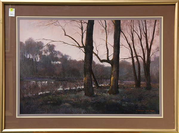 Watercolor, Robert Frank: Robert Frank (Swiss, 1902-1975), Sunset on the Stream, pastel on paper, signed lower right, overall (with frame): 29.5"h x 39.5"w
