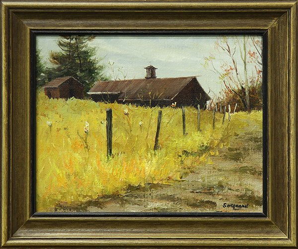 Paintings, American School and Continental school: (lot of 2) American School (20th century), Farm House in Autumn, oil on board, signed "Soegaard" lower right, overall (with frame): 10.75"h x 12.5"w. and Continental School (20th century), View of Chu