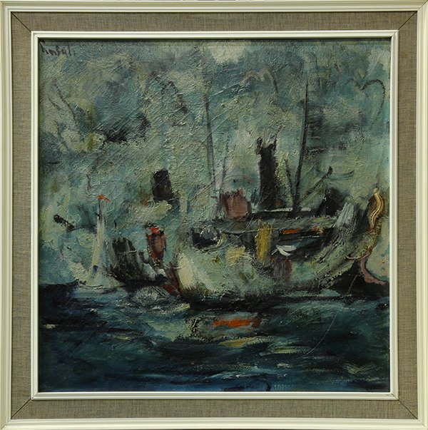 Painting, Abstract with Boats in a Harbor: Continental School (20th century), Abstract with Boats in a Harbor, oil on canvas, signed indistinctly "Hasali (?)" upper left, overall (with frame): 37"h x 37"w. Provenance: From the estate of an Ame