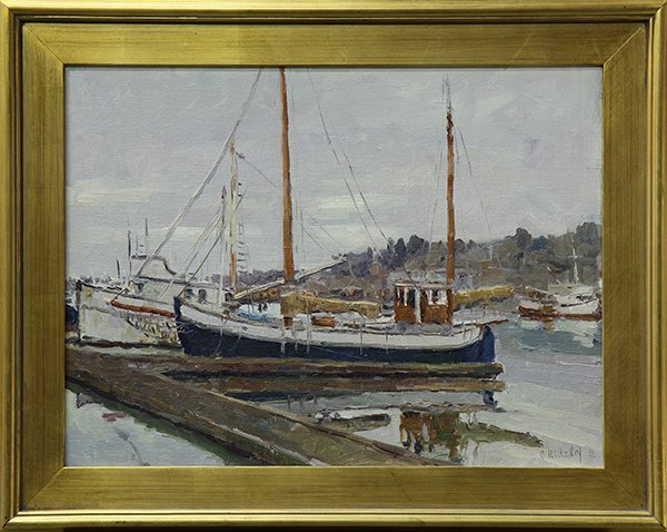 Painting, Oleg Ulitskiy: Oleg Ulitskiy (Ukrainian, b. 1965), "Astoria Fishing," 2012, oil on linen, signed and dated lower right, signed, titled and dated verso, canvas: 18"h x 24"w, overall (with frame): 23.25"h x 29"w