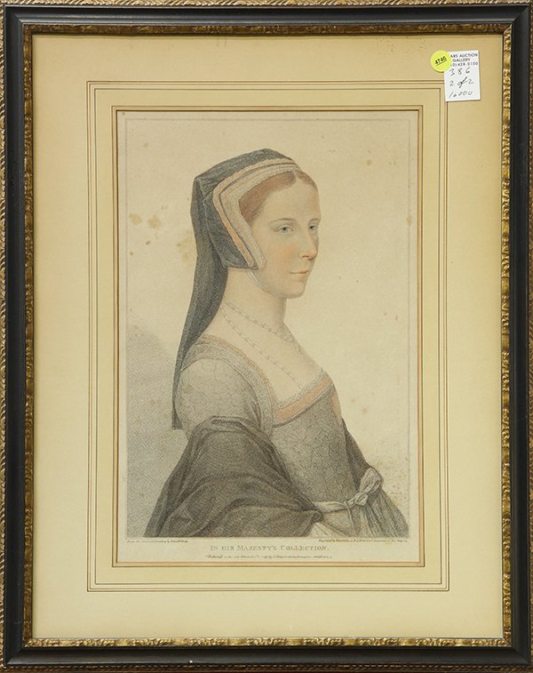 Prints, Francesco Bartolozzi after Hans Holbein the: (lot of 2) Francesco Bartolozzi (Italian, 1727-1815), Portrait of a Tudor Woman and Portait of John Godslave, hand-colored engravings from original paintings by Hans Holbein the Younger (German,1497-1