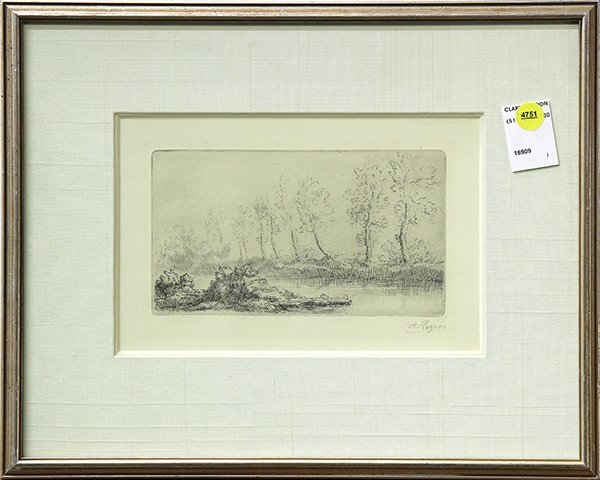 Print, Alphonse Legros, Bord de l'Adam: Alphonse Legros (French, 1837-1911), "Bord de l'Adam," c. 1890, etching and drypoint, second state, pencil signed lower right, from an edition of 128, image: 4.5""h x 7.75"w, overall (framed): 12.5"h