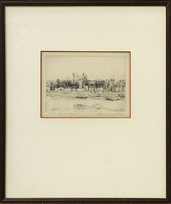 Print by Russell Sidney Reeve: Russell Sidney Reeve (British, 1895-1970), "Tower of London," etching, signed lower right, titled lower left, artist bio affixed verso, sheet: 11.75"h x 9.75"w, overall (with frame): 12.75"h x 10.5"w