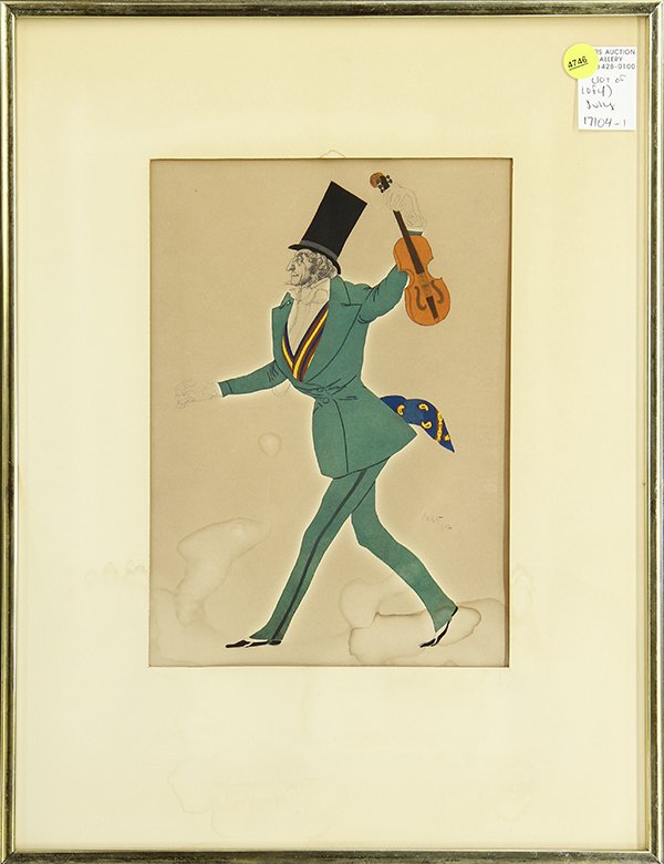 Prints, Leon Bakst, Costume Designs: (lot of 4) Leon Bakst (Russian, 1866-1924), "Costume Design for Paganini in Enchanted Night," (1922), Costume Design for Marina from "Boris Godunov" (circa 1922), Costume Design (woman with feathered 