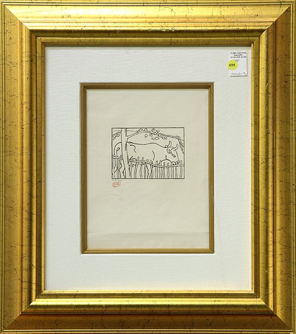 Print, Aristide Maillol, A Cow Enclosed: Aristide Maillol (French, 1861-1944), A Cow Enclosed, woodcut, inital stamped lower left, edition 35/100, overall (with frame): 25"h x 22"w