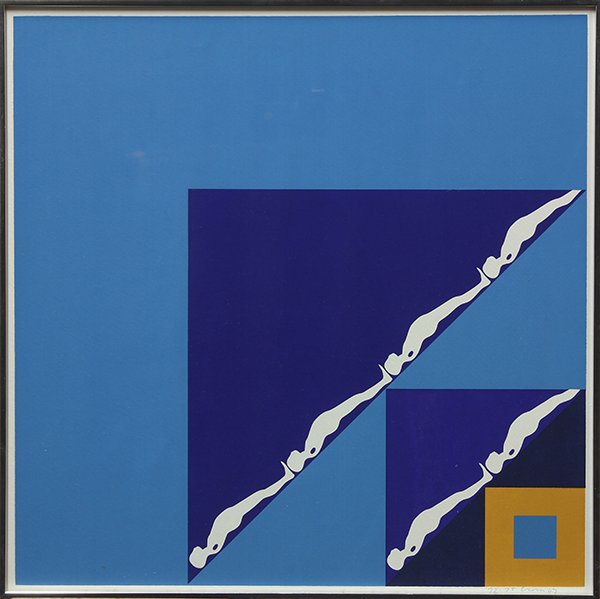 Print, Ernest Tino Trova: Ernest Tino Trova (American, 1927-2009), White Figures in Blue Triangles, 1972, serigraph, pencil signed lower right, image: 23"h x 23"w, overall: 24.25"h x 24.25"w