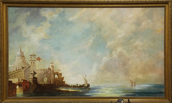 Painting, aftter J. M. W. Turner: After Joseph Mallord William Turner (British, 1775-1851), Harbor Scene with Figures, Sailing Vessels and Castle, oil on canvas, bears signture lower right, 20th century, overall (with frame): 57"h x 9