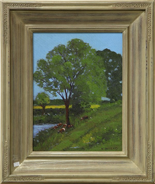 Painting, Jesse Don Rasberry: Jesse Don Rasberry (American, b. 1940), Cattle Approaching a Pond, oil on canvas board, signed lower right, overall (with frame): 24"h x 20"w