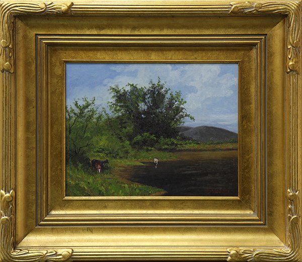 Painting, Jesse Don Rasberry: Jesse Don Rasberry (American, b. 1940), Cattle Watering, oil on canvas board, signed lower right, overall (with frame): 20.75"h x 23.5"w