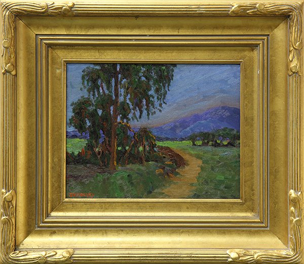 Painting, Jesse Don Rasberry: Jesse Don Rasberry (American, b. 1940), Path by the Eucalyptus, oil on canvas board, signed lower left, overall (with frame): 20.5"h x 23.5"w