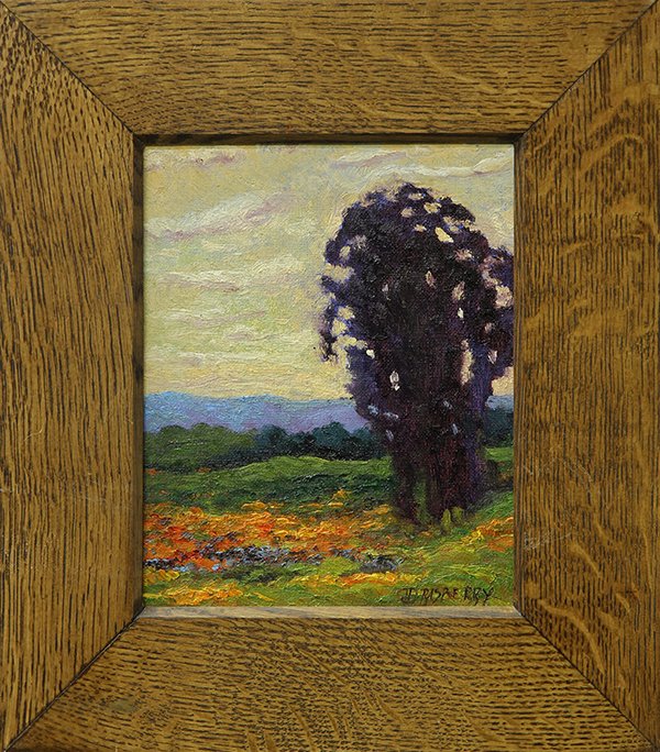 Painting, Jesse Don Rasberry: Jesse Don Rasberry (American, b. 1940), Poppies and Eucalyptus, oil on canvas board, signed lower right, overall (with frame): 15.25"h x 13.25"w