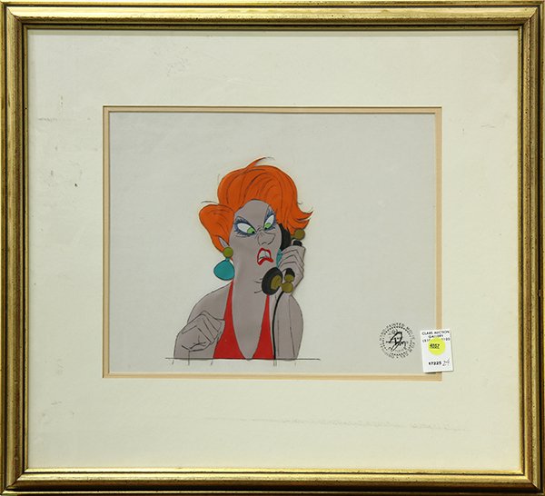 Animation cel, Disney's The Rescuers: Walt Disney's "Madame Medusa (from "The Rescuers)," original hand-painted animation cel, stamped signed "Don" lower right, title label affixed verso, overall (with frame): 21"h x 23.5"w
