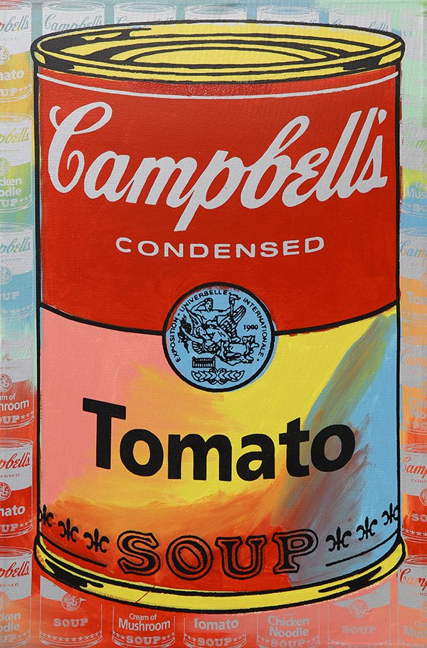 Works by Steve Kaufman, Campbell's Soups: (lot of 3) Steve Kaufman (American, 1960-2010), "Campbell's Chicken Noodle, Cream of Mushroom and Cream of Tomato Soups," 1997, oil and screenprints on canvas, each signed and dated verso, stamped Mar