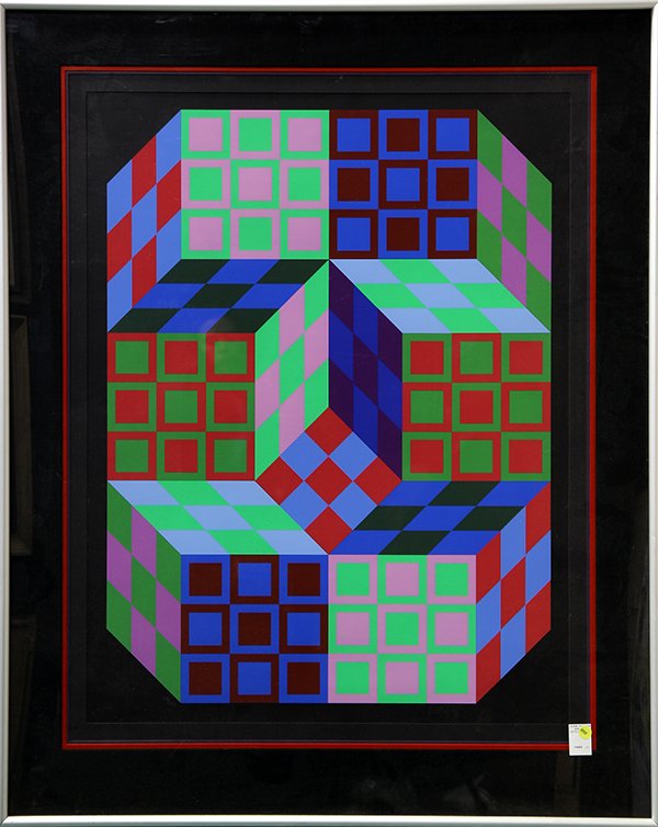 Print, Victor Vasarely: Victor Vasarely (French/Hungarian, 1906-1997), Untitled, silkscreen, edition 32/240, signed lower right, overall (with frame): 47''h x 38''w. Provenance: Barclay Simpson Fine Arts Gallery (Lafayette, 