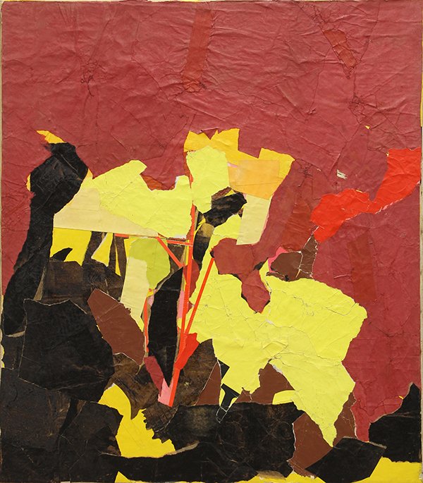 Mixed media painting by Howard Foote: Howard Foote (American, 20th century), Untitled, 1963, painted collage on canvas, signed and dated verso, canvas: 38.5''h x 33.75''w. Provenance: From the private collection of Jose Ramon Lerma (Ameri