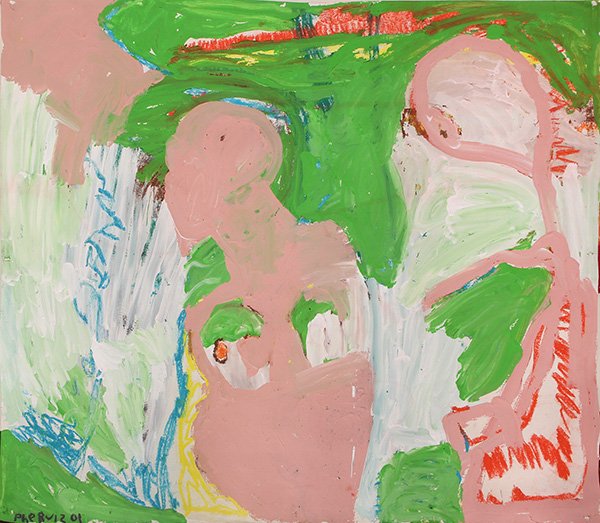 Works on paper by Phe Ruiz: (lot of 3) Phe Ruiz (American, b.1965), ''Intern'' (2001), ''Tuesdays'' (2000) and ''Pretty'' (2001), mixed media on paper, each signed and dated lower left, titled versos, largest sheet: 43''h x 48.5