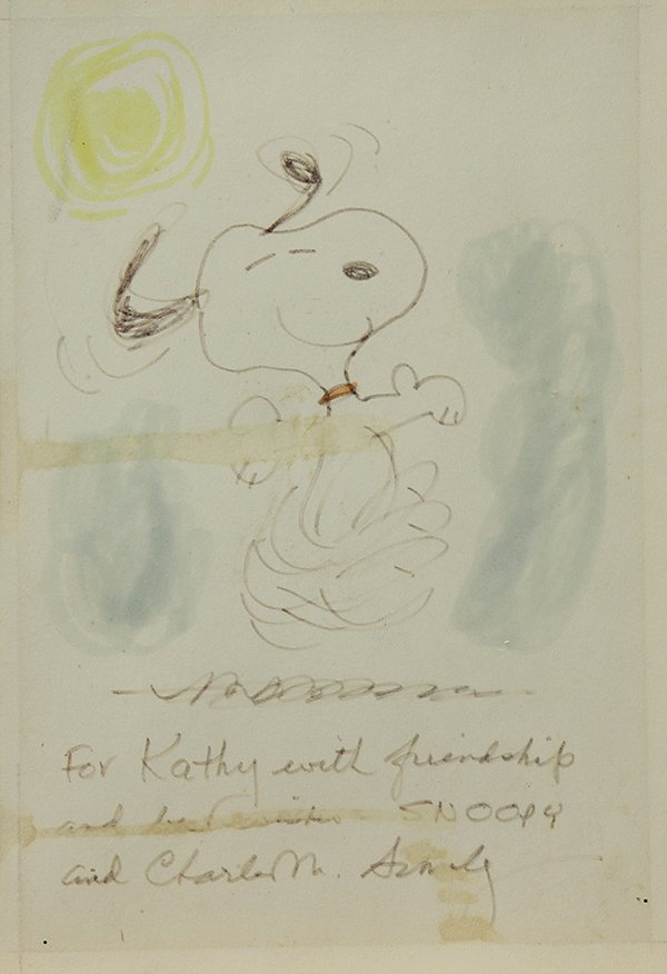 Watercolor by Charles Monrow Schulz: Charles Monrow Schulz (American, 1922-2000), Snoopy Dancing, ink and watercolor on cardboard, signed lower center, inscribed "For Kathy with friendship and best wishes Snoopy and Charles M. Schulz," o