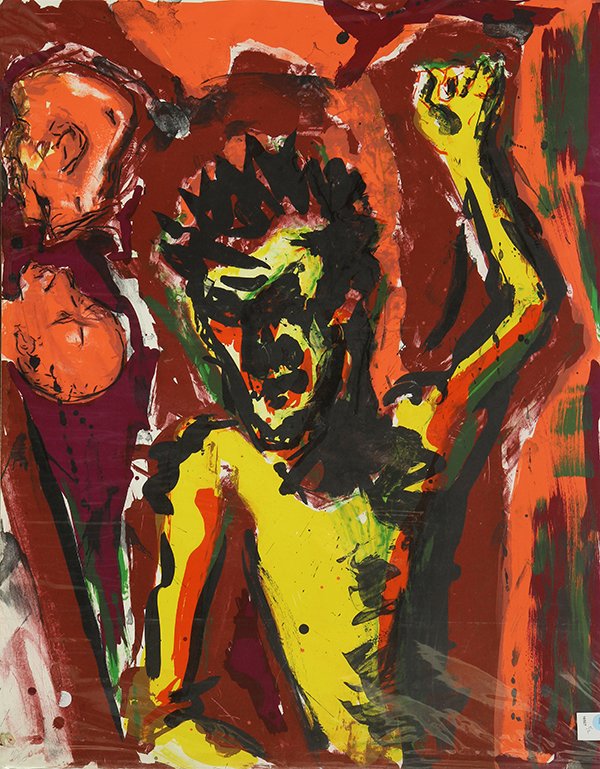 Prints, Manner of Georg Baselitz: (lot of 2) Manner of Georg Baselitz (German, b.1938), Figure Flailing, color lithographs, edition 10/30, published by Landfall Press (Chicago, IL), sheet: 36''h x 28''w. Provenance: The David C. and S