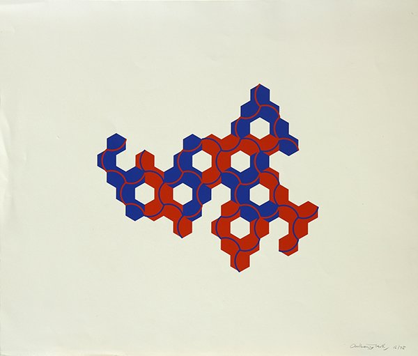 Print by Anthony Hill: Anthony Hill (British, b.1930), ''Red and Blue,'' 1972, serigraph, signed and dated in pencil lower right, edition 15/75, sheet (unframed): 28''h x 32.75''w. Provenance: Barclay Simpson Fine Arts Gall