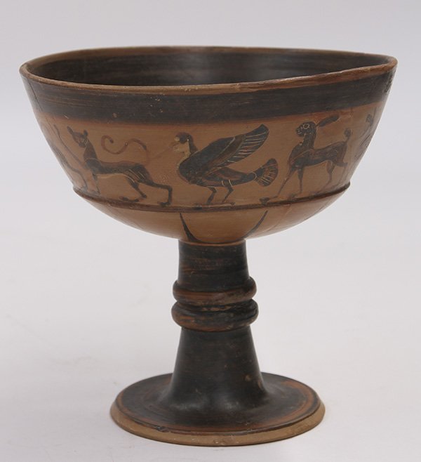 Etrusco-Corinthian chalice or kalyx: Etrusco-Corinthian chalice or kalyx, 650-500 BC, the terracotta form was created in Etruria and the polychrome decoration added in Corinth, done during the Orientalizing period possibly by Tityos the 