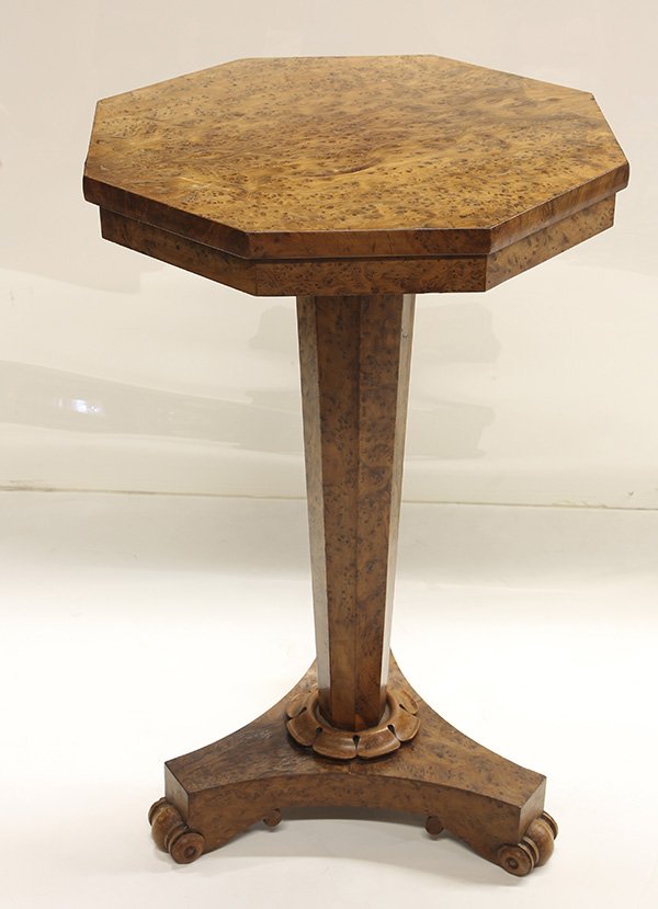 Biedermeier burl work table, having an octagonal top,: Biedermeier burl work table, having an octagonal top, and rising on a hexagonal standard terminating on a tripod base, 28.5"h x 18"dia. Provenance: From the Collection of Jan Shrem, San Francisco and 