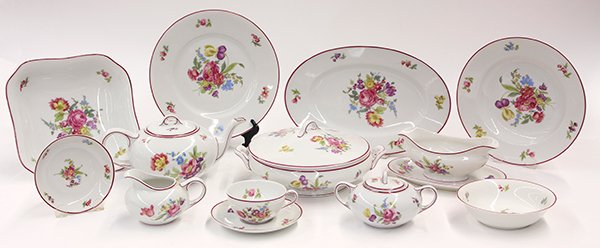 (lot of 61) German Hutschenreuther polychrome decorated: (lot of 61) German Hutschenreuther polychrome decorated table service, each having floral decorated sprays on a white ground, consisting of (8) dinner plates 9.75"h, (8) soup bowls, (8) salad plates, 