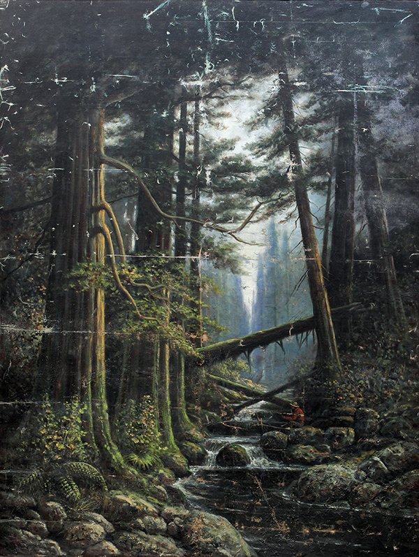 Painting, A.D.M. Cooper: Astley David Middleton (A.D.M.) Cooper (American, 1856-1924), Fishing in the Redwoods, 1919, oil on canvas, signed lower left, canvas: 96.5"h x 72.25"w, overall (with frame): 103.5"h x 79.75"w