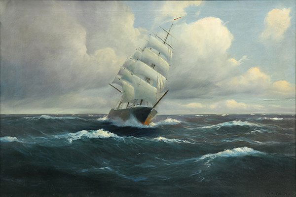 Painting, William Alexander Coulter: William Alexander Coulter (American, 1849-1936), Ship in Rough Seas, oil on canvas, signed lower right, canvas: 21.5"h x 31.5"w, overall (with frame): 26.5"h x 36.5"w