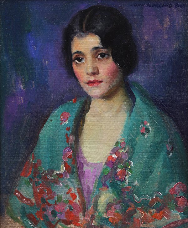 Painting, John Hubbard Rich: John Hubbard Rich (American, 1876-1954), "Carmeneta," oil on board, signed upper right, titled verso, board: 13"h x 11"w, overall (with frame): 16.5"h x 14.25"w