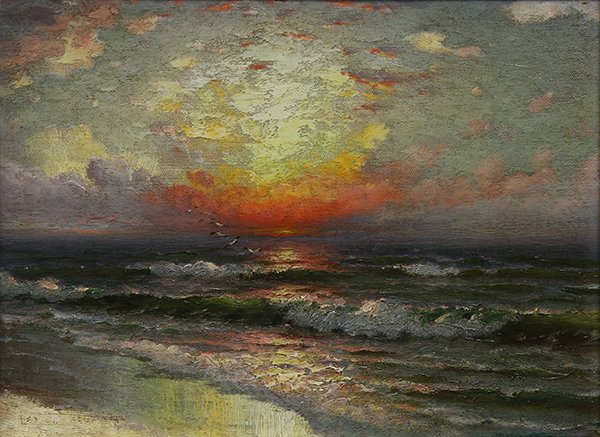 Painting, Dey de Ribcowsky: Dey de Ribcowsky (American, 1880-1936), Sunset Landscape, oil on canvas board, signed verso, sight: 12"h x 16"w, overall (with frame): 23"h x 27"w