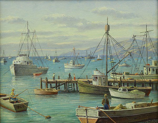 Painting, Paul Grimm: Paul Grimm (American, 1891-1974), "Harbor Activity," oil on canvas board, signed lower right, title label (George Stern Fine Art) affixed verso, board: 16"h x 20"w, overall (with frame): 25.5"h x 29.5