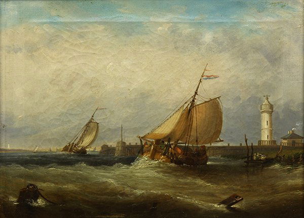 Painting, Dutch School (19th century): Dutch School (19th century), Fishing Vessels in the Harbor, oil on canvas, signed indistinctly lower left, canvas: 12"h x 16"w, overall (with frame): 17.5"h x 21.5"w