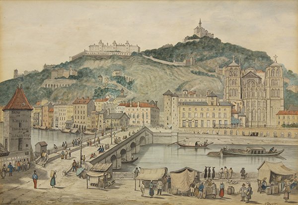 Watercolors, Samuel Prout: (lot of 2) Samuel Prout (British, 1783-1852), "Lyons" and European Harbor Scene wiith Figures, watercolors, each signed, one titled lower left, sights: 13.25"h x 19.25"w, overalls: 22.75"h x 29"w