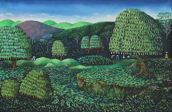 Paintingy Attributed to Henri Robert Bresil: Attributed to Henri Robert Bresil (Haitian, b.1952), A Lush Harvest, acrylic on canvas, circa 1970s, bears signature lower right, canvas: 16.5"h x 24"w, overall (framed): 24.5"h x 32.5"w. Provenance: 