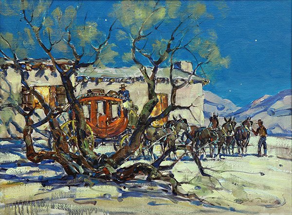 Painting, Marjorie Jane Reed: Marjorie Jane Reed (American, 1915-1996), ''The Jackass Stage at Vallecitos,'' oil on canvas, signed lower right, canvas: 18"h x 24"w, overall (with frame): 27.75''h x 33.5''