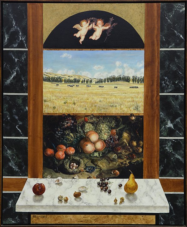 Painting by Millicent Tomkins: Millicent Tomkins (American, Contemporary), "Landscapes with Quotations #43," 1997, oil on birch panel, signed and dated lower left, title label affixed verso, panel: 34"h x 28"w, overall (with frame)