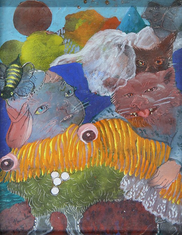 Painting by Julia Thecla: Julia Thecla (American, 1896-1973), "Animal People," 1951, gouache and charcoal on board, signed and dated lower left, artist label affixed verso, sight: 4.5"h x 3.5"w, overall (with frame): 7.5"h x 6