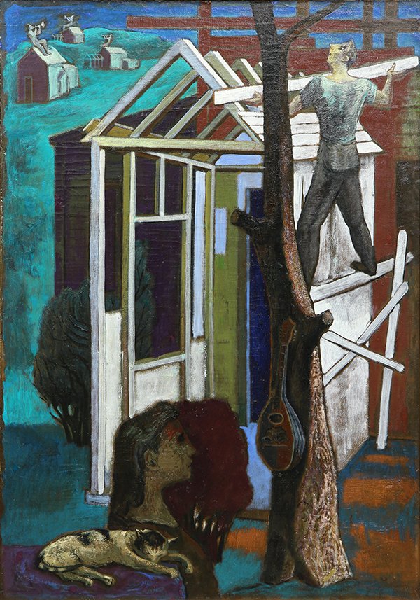 Painting by Peppino Mangravite: Peppino Mangravite (American, 1896-1978), Music on the Rooftops, oil on canvas, signed lower right, canvas: 45"h x 32"w, overall (with frame): 51"h x 38"w