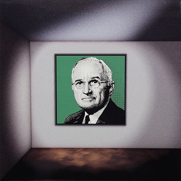 Ronald Davis (American, b: Ronald Davis (American, b. 1937), "Harry Truman Room Four," 2005, heat fused pixel dust on white aluminum with high gloss coating, trial proof III signed verso, numbered MPT 1103, overall: 24"h x 24"w