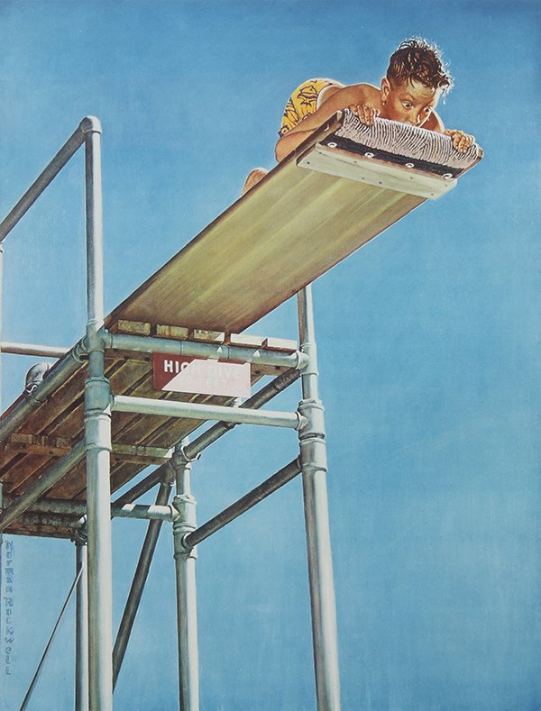 Norman Rockwell (American, 1894-1978), "High Dive,": Norman Rockwell (American, 1894-1978), "High Dive," color lithograph, signed lower right, edition 78/200, image: 23"h x 17.75"w, overall (with frame): 32.5"h x 26.25"w. Provenance: Purchased from Robe