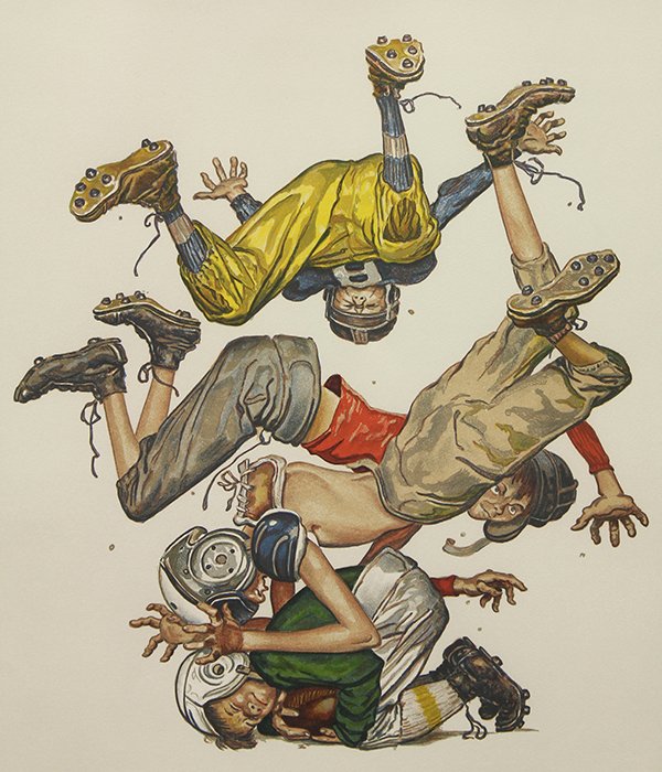 Norman Rockwell (American, 1894-1978), "First Down,": Norman Rockwell (American, 1894-1978), "First Down," color lithograph, signed lower right, edition 60/200, sight: 25.5"h x 19.75"w, overall (with frame): 29.5"h x 26.75"w. Provenance: Purchased from R
