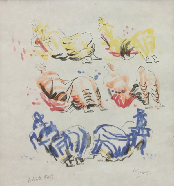 Print, Henry Moore, Thirteen Standing Figures: Henry Moore (British, 1898-1986), "Six Reclining Figures," 1970, lithograph in colors, pencil signed lower right, edition Artist's Proof, image: 10"h x 10"w, overall (framed): 20.5"h x 16"w