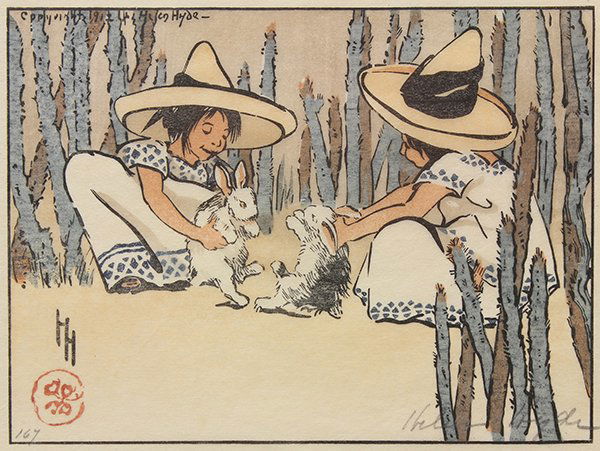 Print, Helen Hyde, Two Girls with Rabbits: Helen Hyde (American, 1868-1919), Two Girls with Rabbits, color woodcut, signed and stamped lower left, numbered "167," lower left, sight: 5.5"h x 7"w, overall (with frame): 12.25"h x 13.75"w