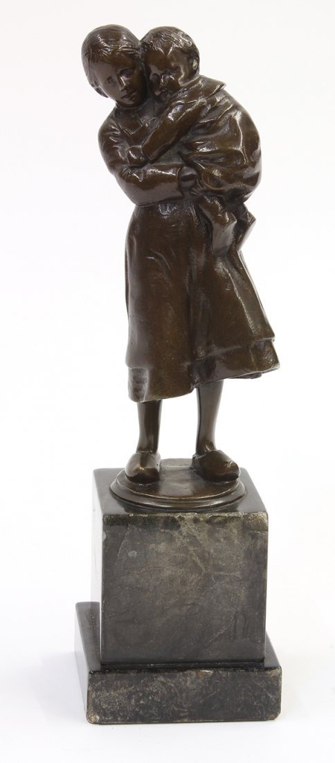 Bronze, Gustav Schmidt-Cassel: Gustav Schmidt-Cassel (German, b. 1867), "Standing Young Woman with Boy in Her Arms," bronze sculpture, signed lower back, mounted on black marble base, overall (with base): 9.75"h x 2.75"w x 2.75"